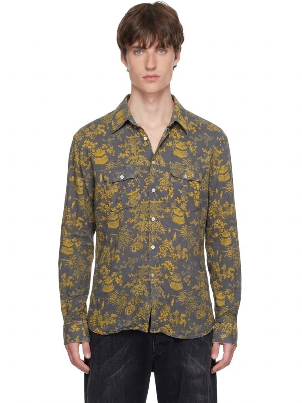 RARE! Custo Barcelona Vintage Y2K Japanese Floral Button-Up Shirt in Olive Gold - Picture 1 of 10